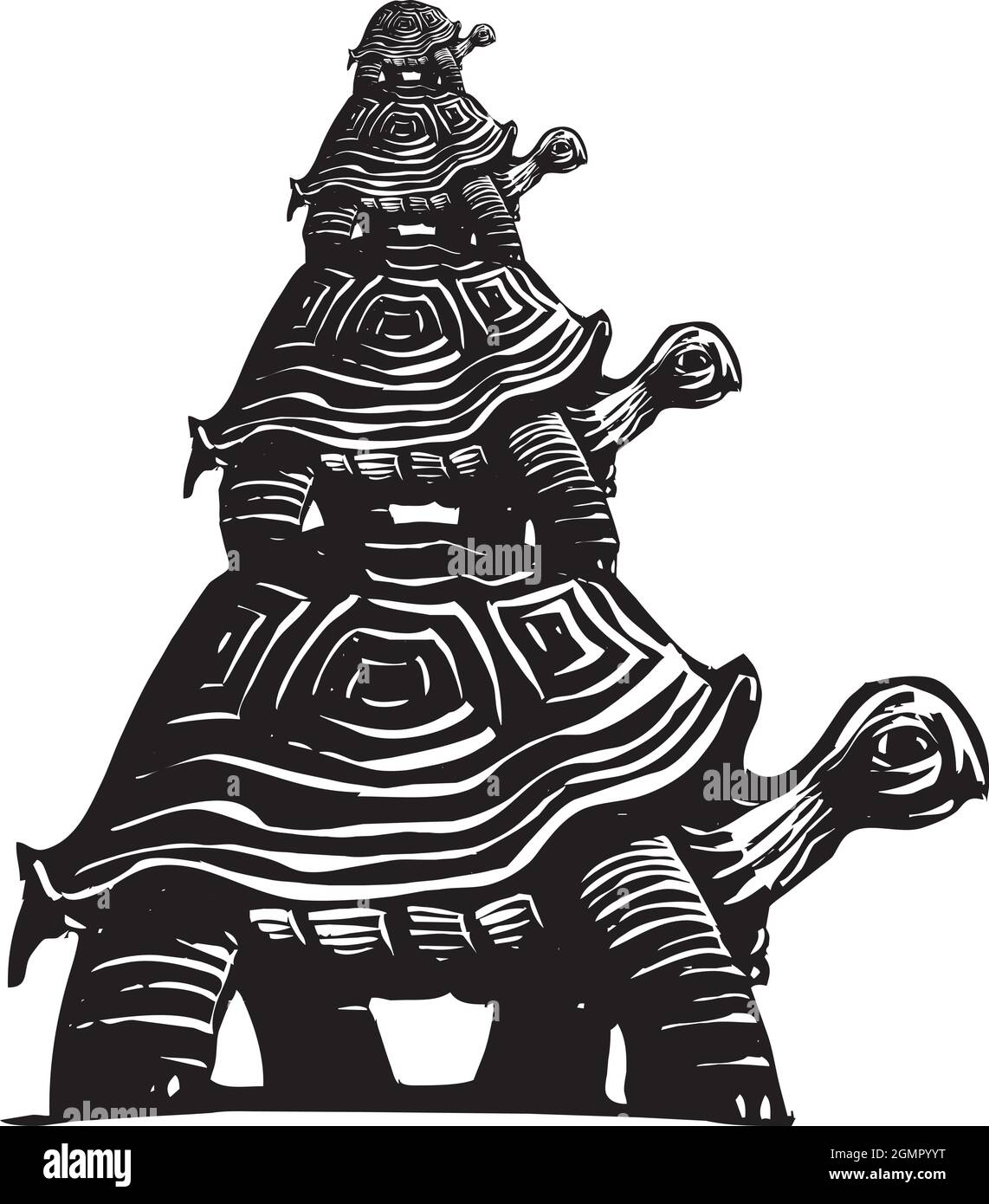 Ilustración de estilo expresionista tallado en madera de tortugas apiladas unas sobre otras Ilustración del Vector