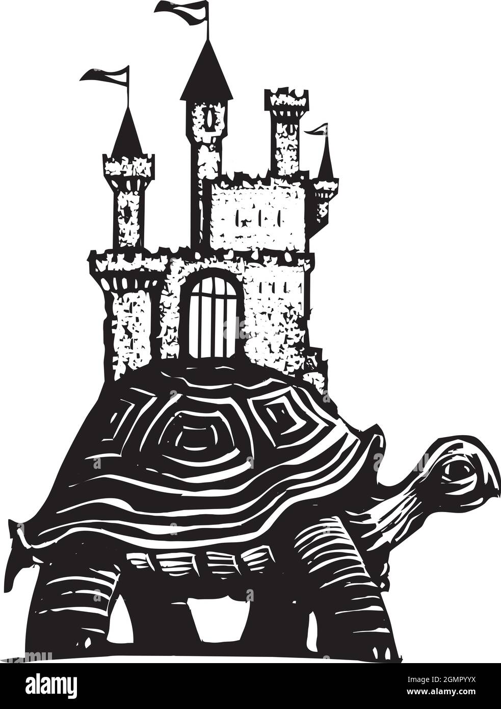 Ilustración de estilo expresionista tallados en madera de un castillo en la espalda de las tortugas. Ilustración del Vector