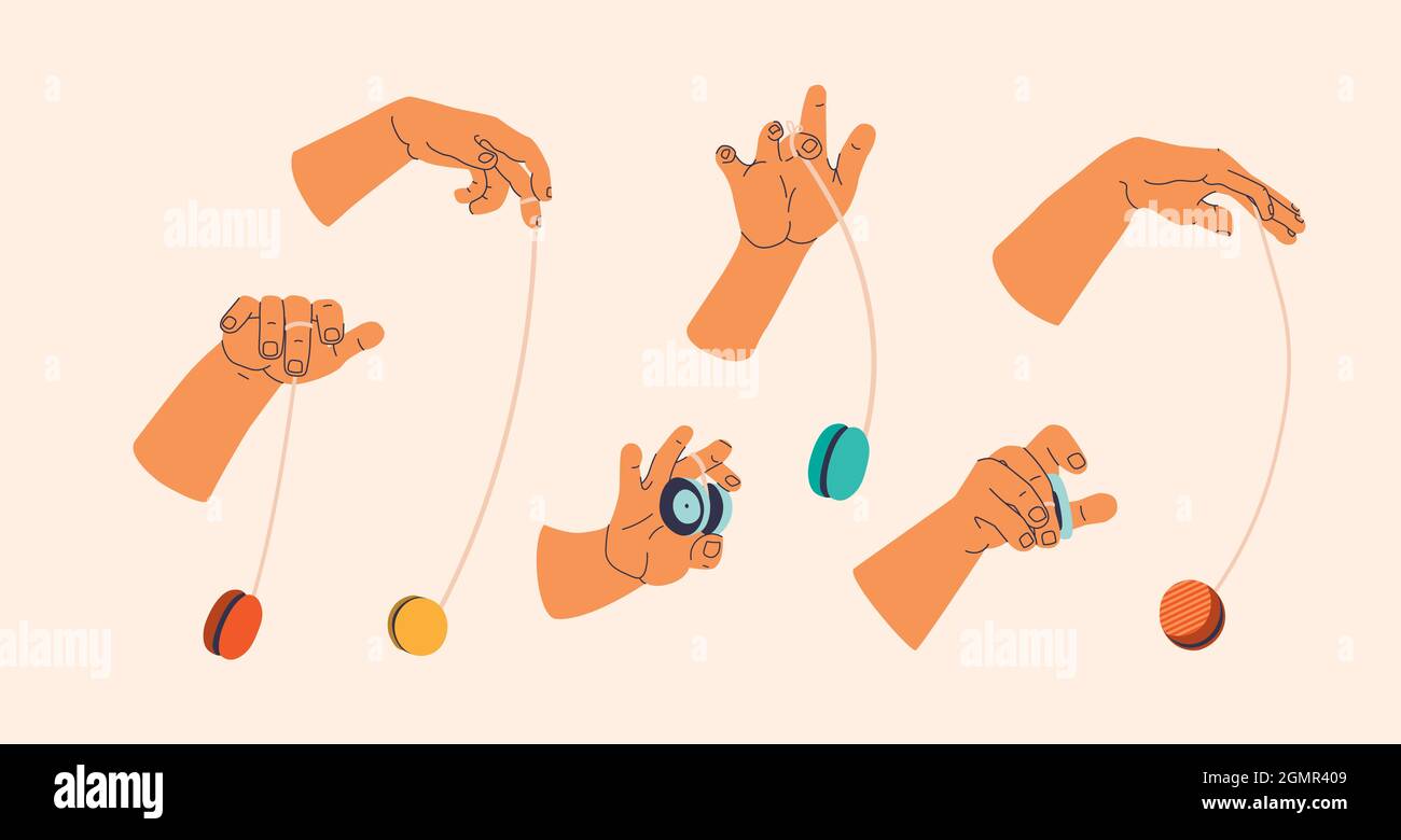 Juguete yoyo. Gran conjunto de manos en varias poses jugando yoyo