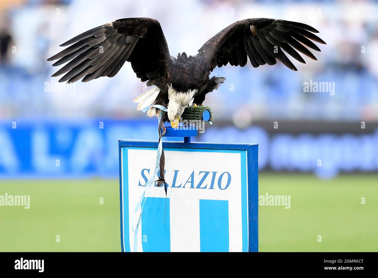 Roma, Italia. 19th de Sep de 2021. El águila Olimpia, mascota de SS Lazio,  se ve sobre un emblema de Lazio antes del partido de fútbol Serie A entre  SS Lazio y