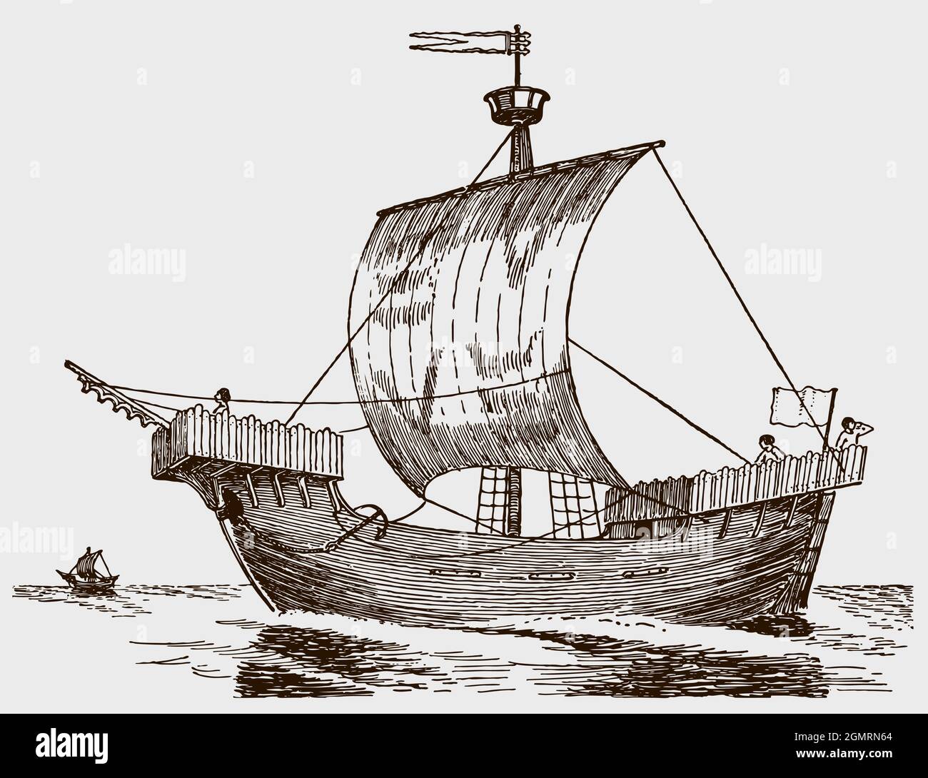 14th-siglo mercante carrack buque en el mar Ilustración del Vector