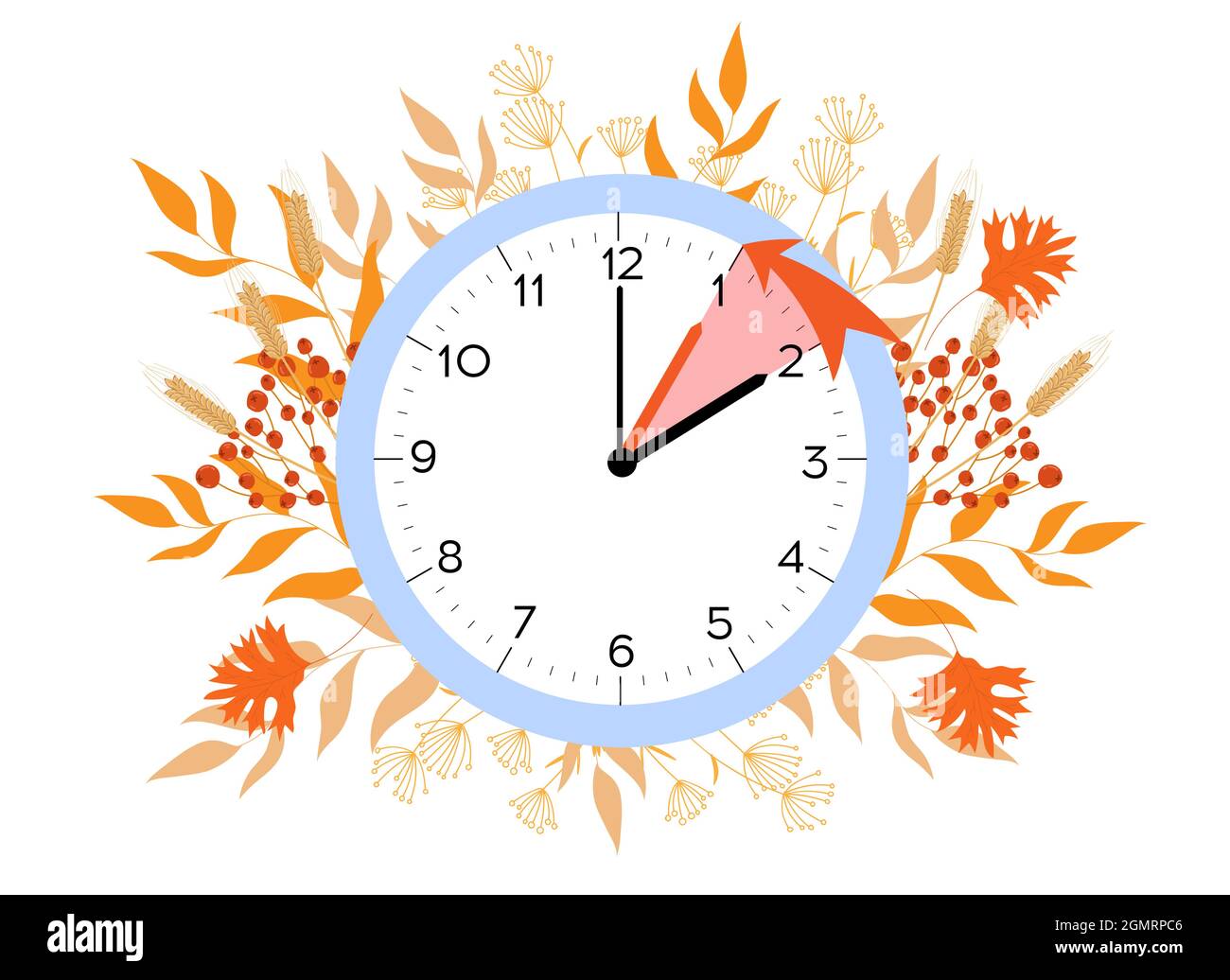 El horario de verano finaliza. Ilustración vectorial con un reloj que  retroceda una hora. Relojes en un marco floral de otoño de color naranja  follaje Imagen Vector de stock - Alamy