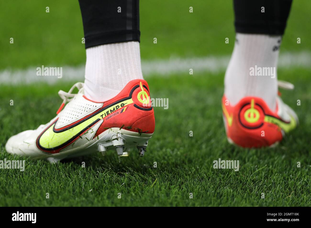 Milán, Italia, 15th de septiembre de 2021. Las botas personalizadas del  Thibaut Courtois del Real Madrid durante el calentamiento previo al partido  de la UEFA Champions League en Giuseppe Meazza, Milán. El