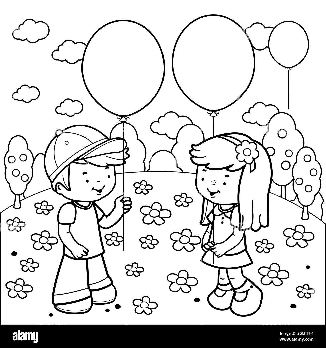 Niños en el parque jugando con globos. Página para colorear en blanco y  negro Fotografía de stock - Alamy