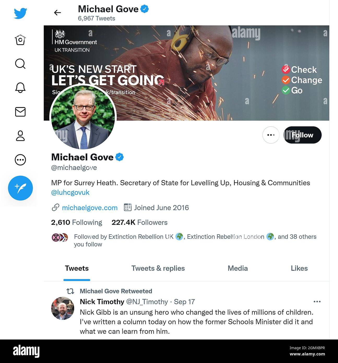 Página de Twitter (septiembre de 2021) de Michael Gove MP, Secretario de Estado de Nivelación, Vivienda y Comunidades. Foto de stock