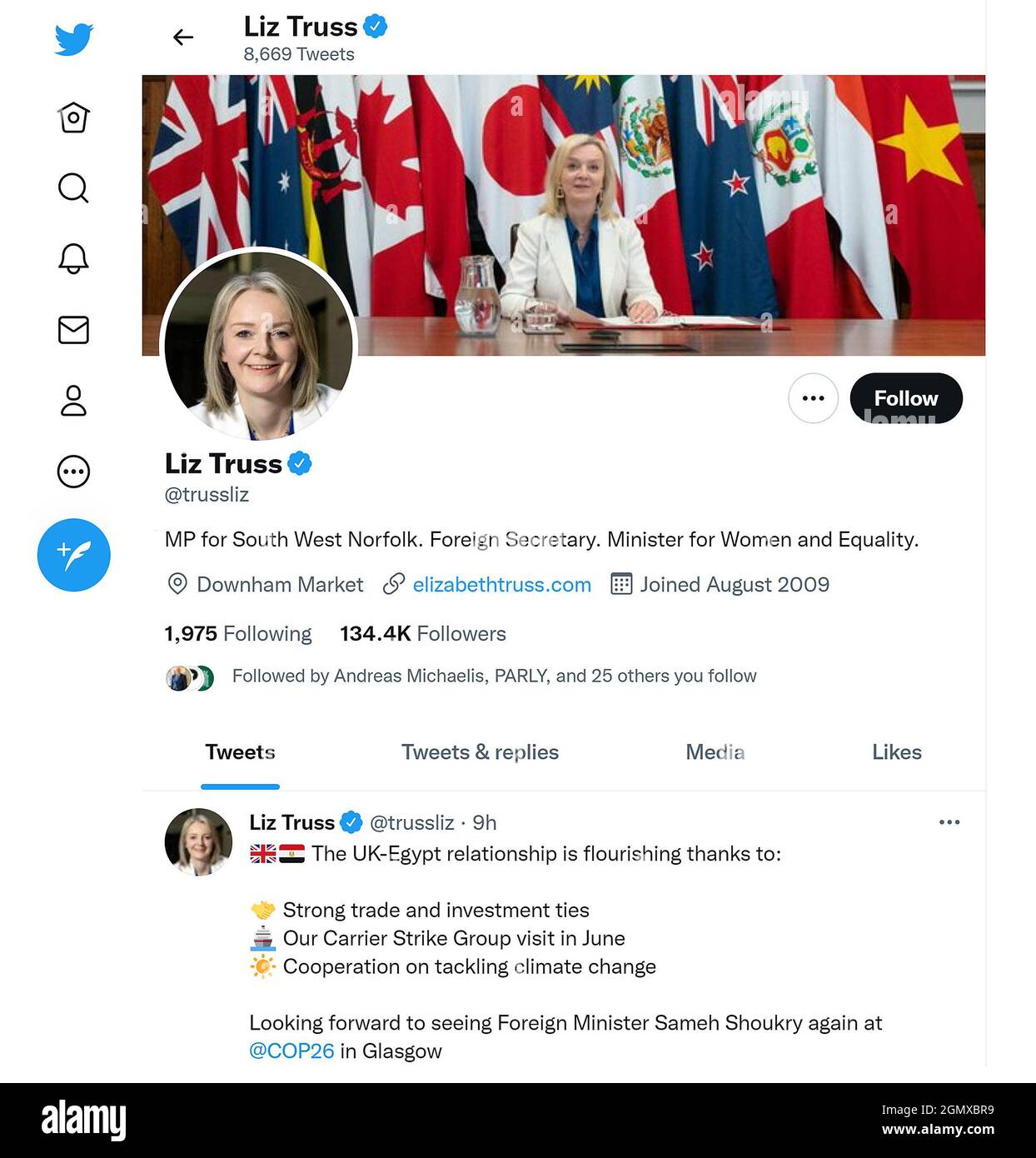 Página de Twitter (septiembre de 2021) de Liz Truss, Secretaria de Asuntos Exteriores británica Foto de stock