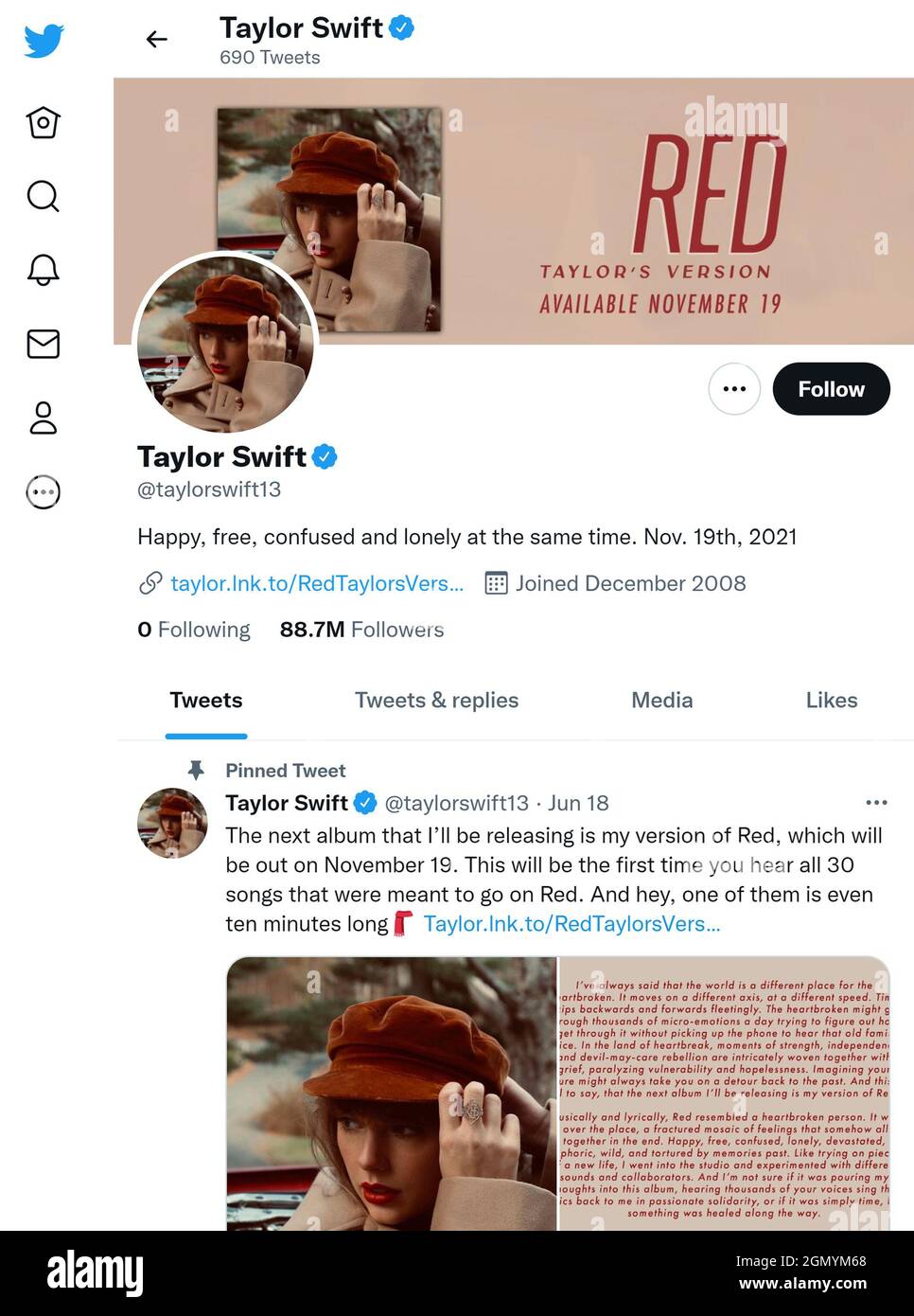 Página de Twitter (septiembre de 2021) de Taylor Swift Foto de stock
