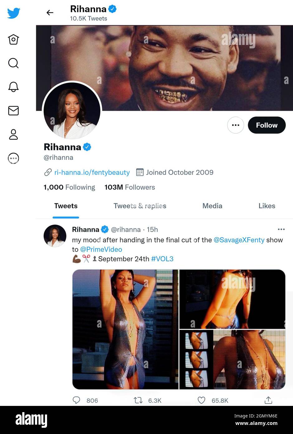 Página de Twitter (septiembre de 2021) de Rihanna Foto de stock