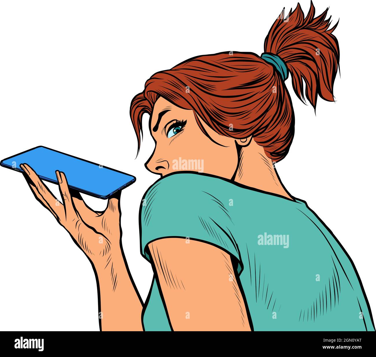 una mujer está hablando en un smartphone con un altavoz, sosteniendo el teléfono horizontalmente Ilustración del Vector