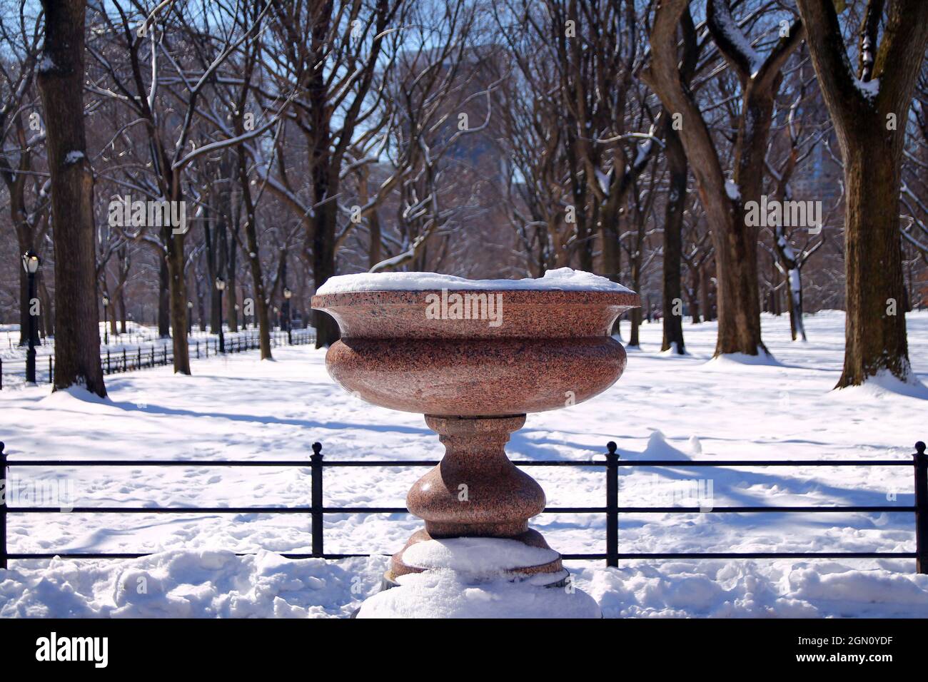 Un jarrón de mármol en la nieve de invierno del parque en la ciudad de Nueva York Foto de stock