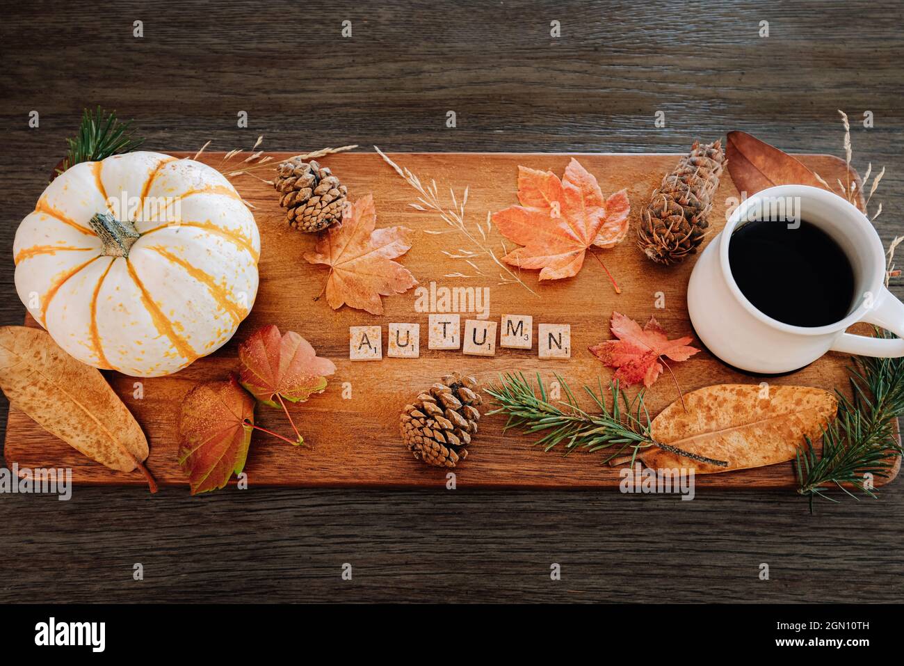 Otoño otoño estación vista concepto desde arriba mesa decoración con café, follaje, calabazas, y letras ortografía otoño Foto de stock