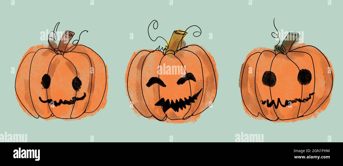 Ilustración de calabazas de dibujos animados en el fondo azul Foto de stock