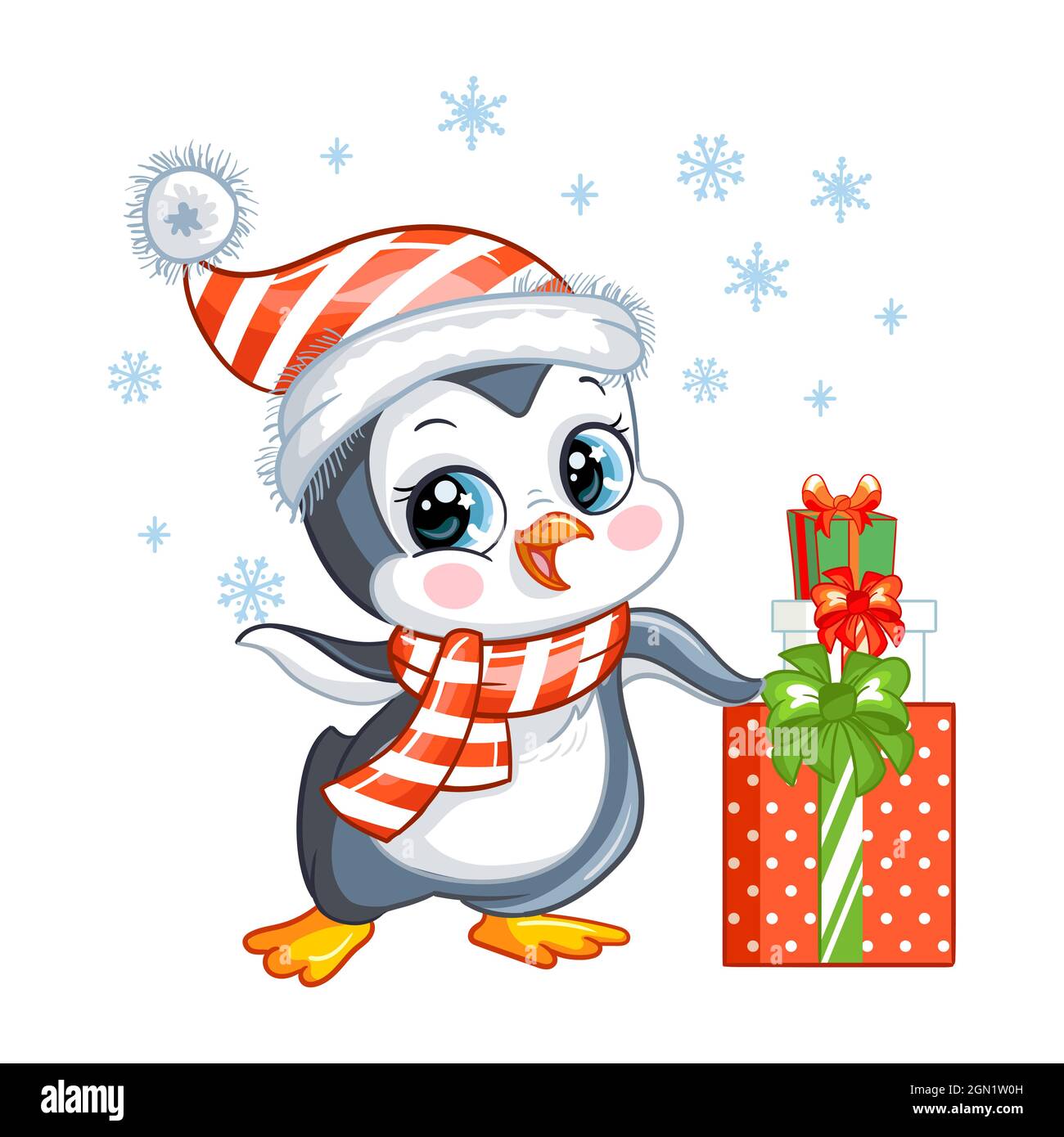 Lindo pingüino en un sombrero de Navidad con regalos y copos de nieve.  Carácter de pájaro de dibujos animados. Ilustración aislada de dibujos  animados vectoriales. Para postal, carteles, DE Imagen Vector de