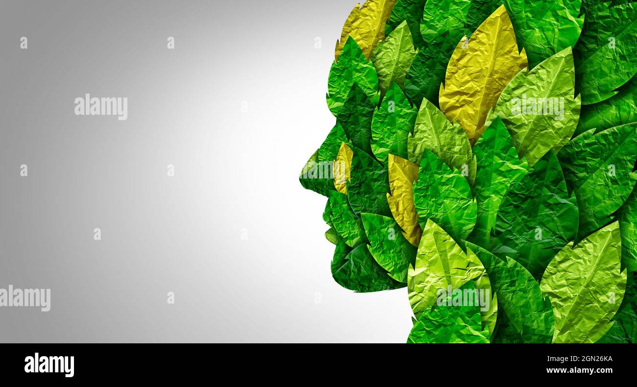 El pensamiento ecológico y la estrategia verde como un grupo de hojas abstractas de papel se obecta como hojas formadas como una cabeza humana que representa el día de la tierra y el eco global. Foto de stock