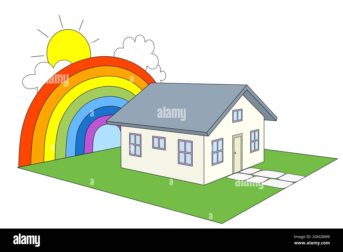 pequeña casa en verde jardín bajo arco iris y el sol en el fondo, la casa de mi sueño ilustración conceptual. 3d perspectiva aislada sobre blanco Foto de stock