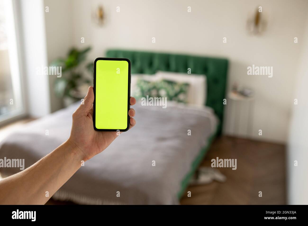 mantenga pulsada la tecla croma en la pantalla verde del smartphone para ver el contenido sin tocar ni deslizar el dedo. Foto de stock