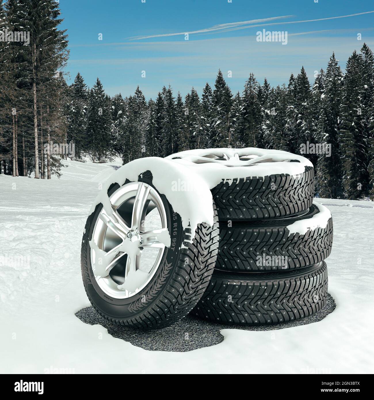 de invierno con llantas fondo con árboles y 3d renderizar de stock - Alamy