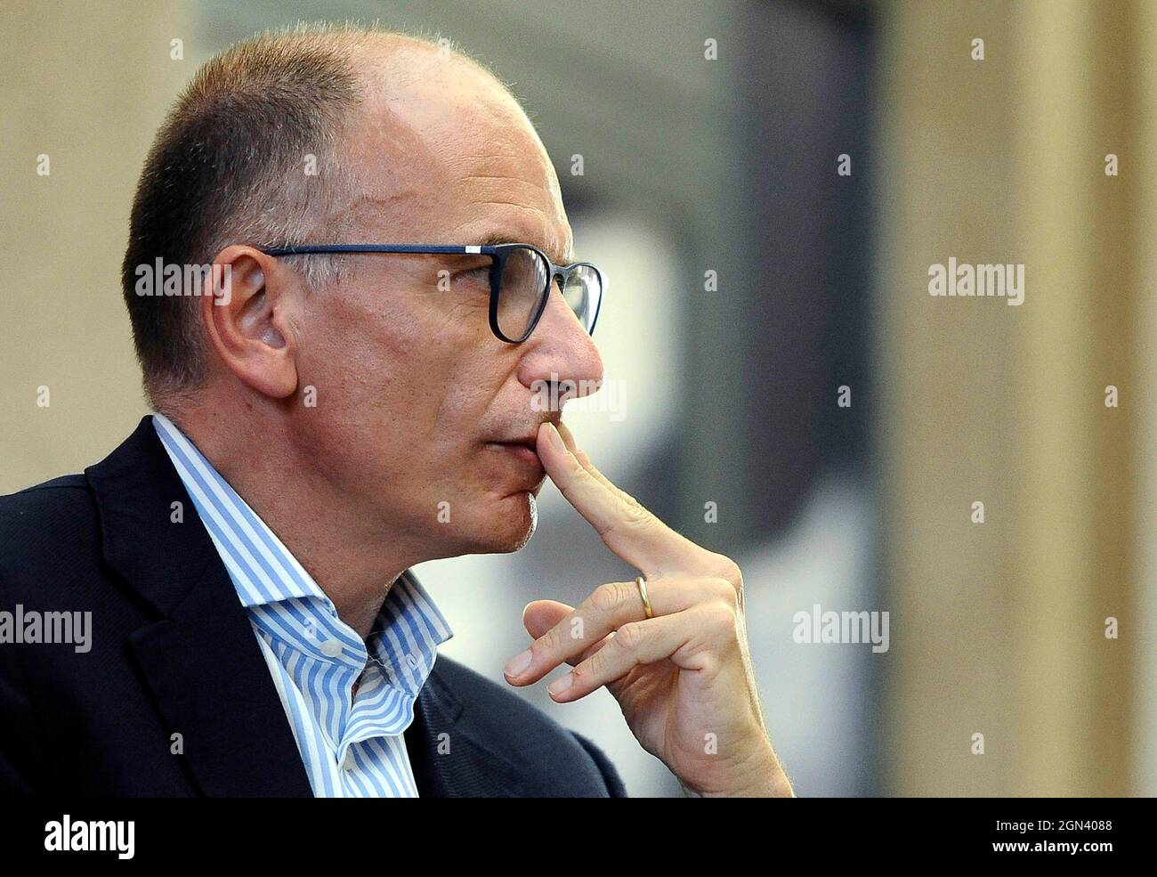 Italia, Roma, 21 de septiembre de 2021 : Enrico Letta, secretario del Partido Democrático (PD), participa en la presentación del libro de Romano Prodi, ex presidente de la Comisión Europea 'Strana vita la mia' (mina de vida extraña). Foto © Fabio Cimaglia/Sintesi/Alamy Live News Foto de stock