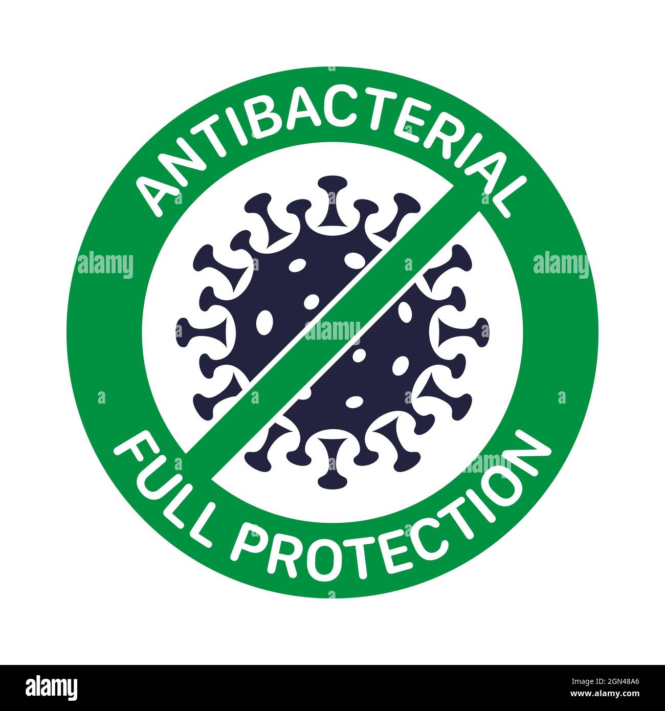 Icono de vector de protección antivirus. Icono de germen tachado con una señal verde de parada. Ilustración del Vector