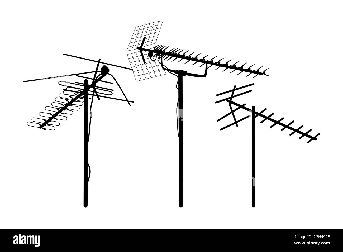 Los iconos de la antena de televisión están aislados sobre fondo blanco.  Siluetas de diferentes antenas de televisión. Señal o símbolo de antena de  TV. Ilustración vectorial Imagen Vector de stock -