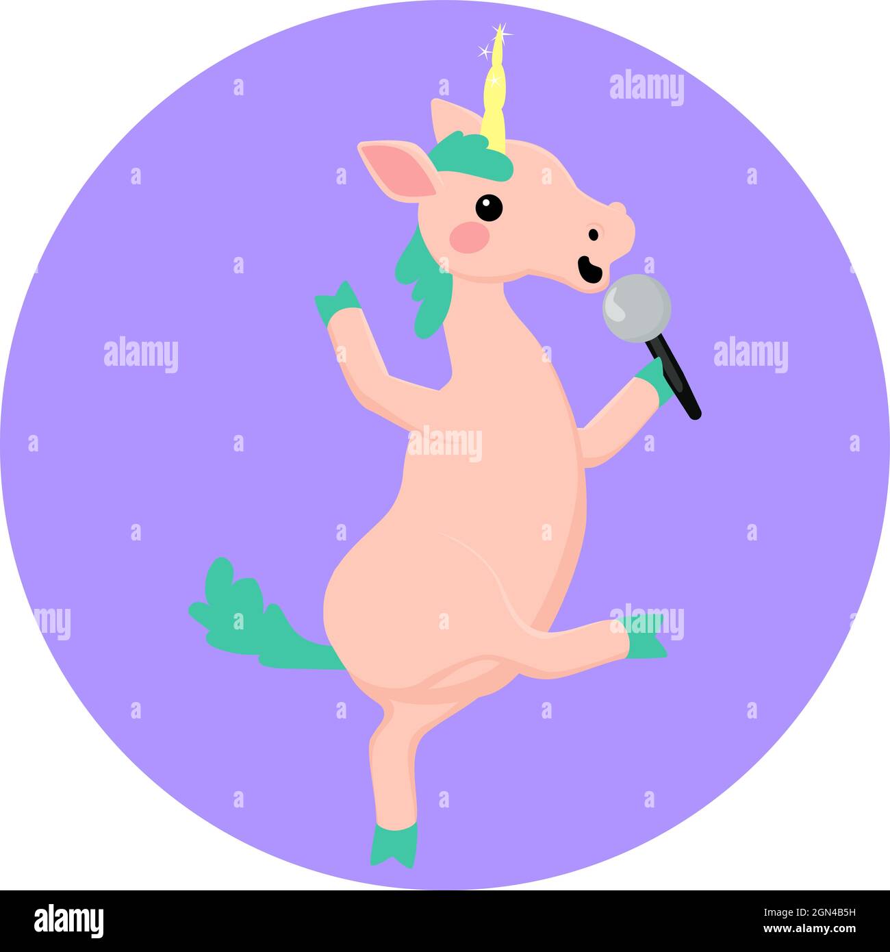 Lindo caballo unicornio de dibujos animados unicornio cantando en micrófono. Ilustración vectorial de fantasía animal feliz. Ilustración del Vector