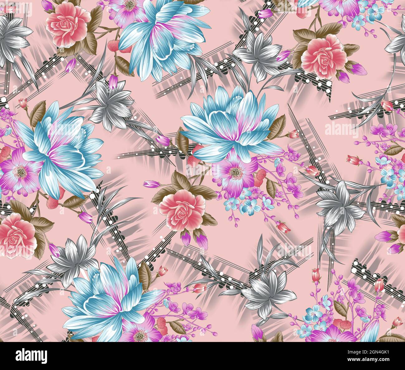 2D ilustración de un hermoso y colorido papel tapiz de diseño floral Foto de stock