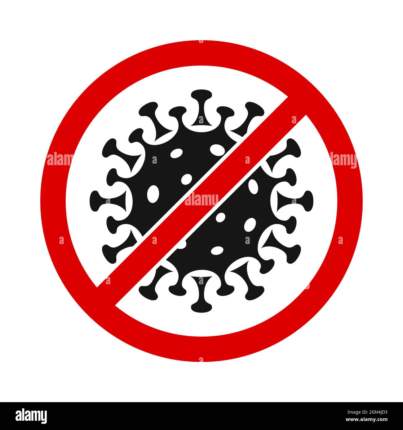 Icono de vector de advertencia de infección por virus. Icono de germen tachado con un signo de parada rojo. Ilustración del Vector