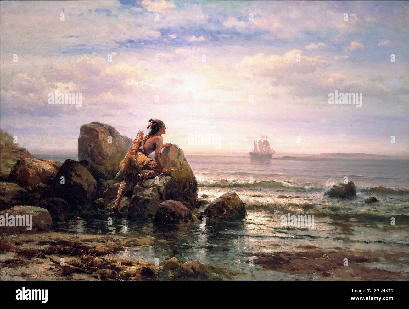 Henrik Hudson entrando en el puerto de Nueva York, 11 de septiembre de 1609 por el artista estadounidense nacido en inglés Edward Moran (1829-1901), óleo sobre lienzo, 1892 Foto de stock