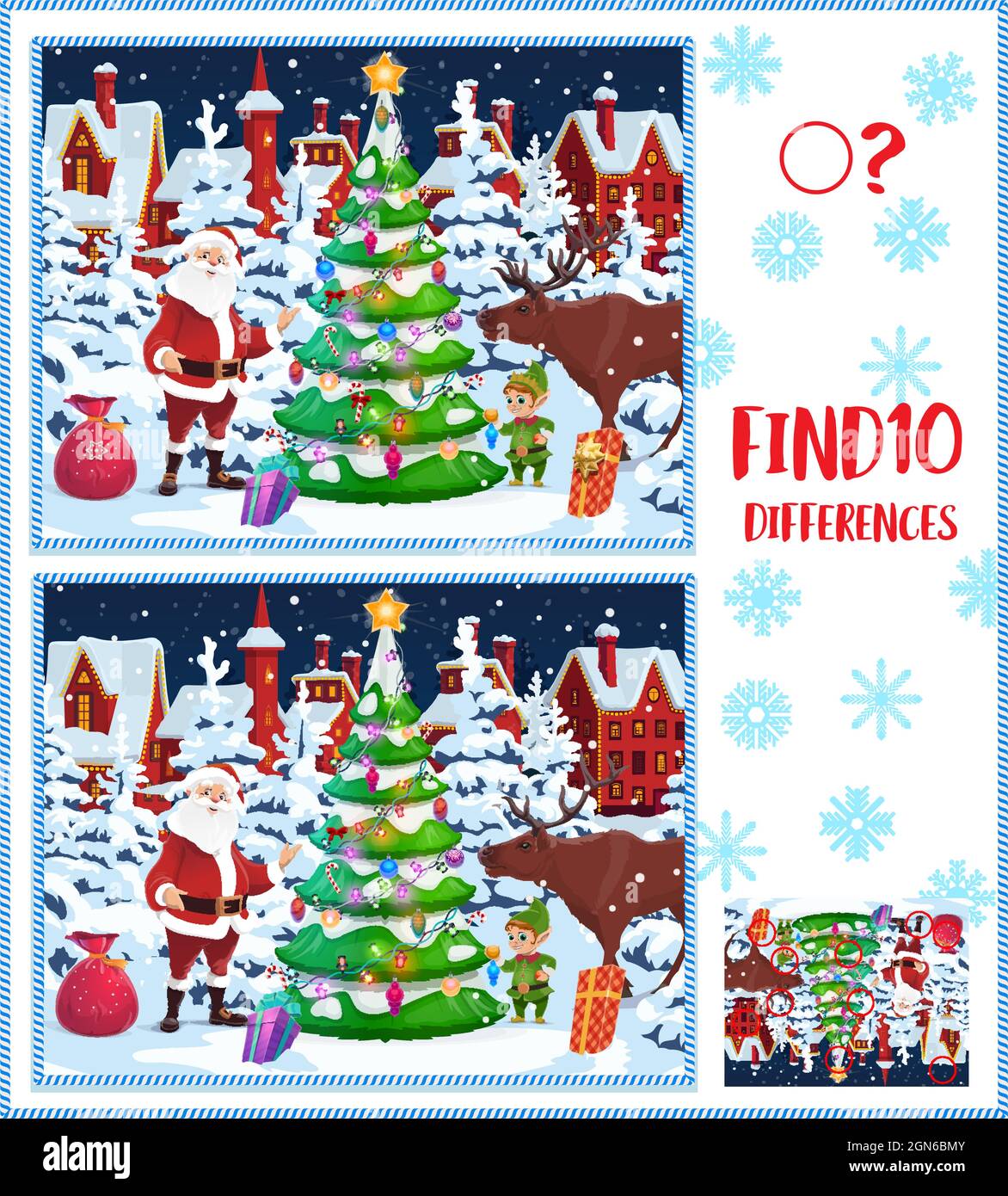 El juego de los niños encuentra diez diferencias. Dibujos animados  vectoriales personajes de Navidad Santa Claus y elfo decorar abeto sobre  fondo de paisaje nevado con bonitas casas. Niños escollos educativos,  actividades