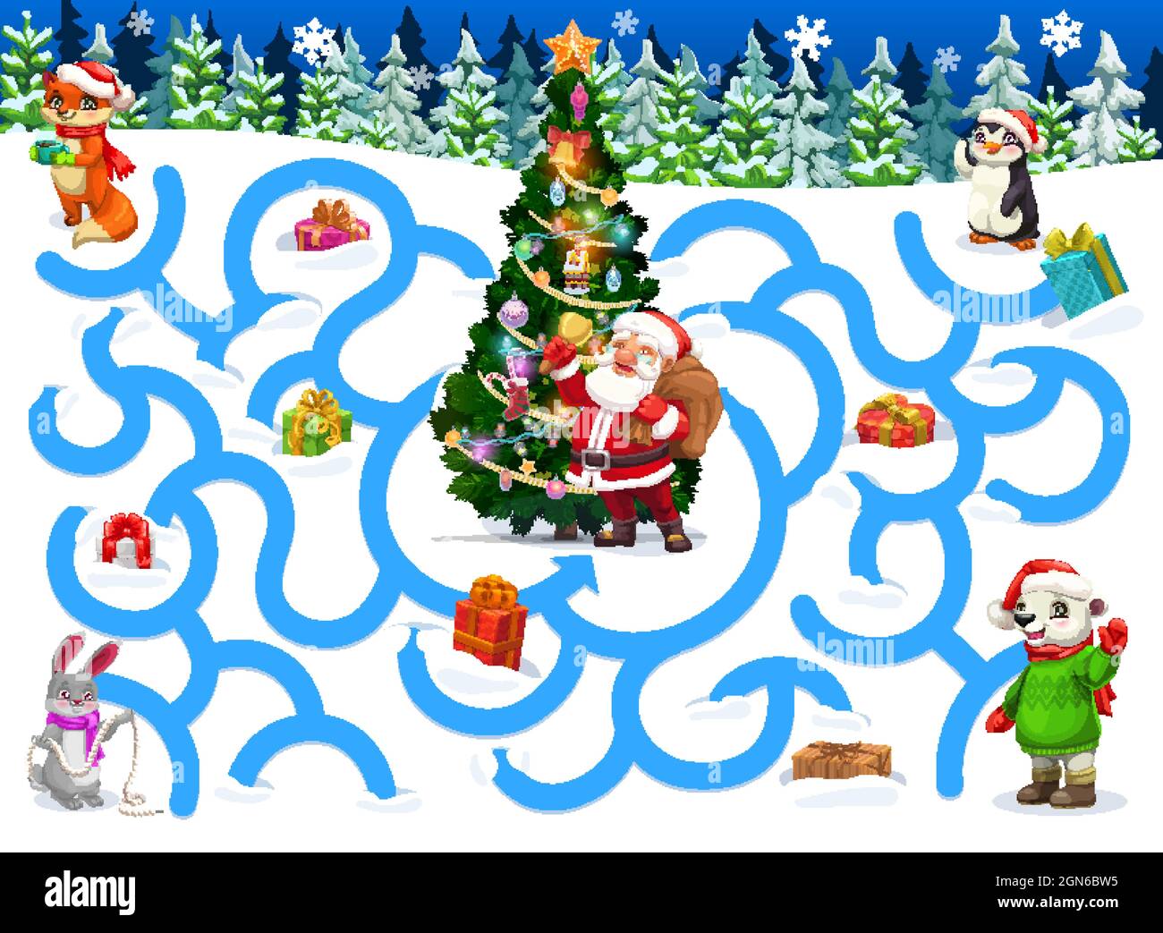 Juegos de Navidad para niños con personajes de dibujos animados de  animales. Los niños encuentran ejercicio en el camino, actividad de juego  de laberinto. Santa sonando campana cerca de árbol de Navidad,