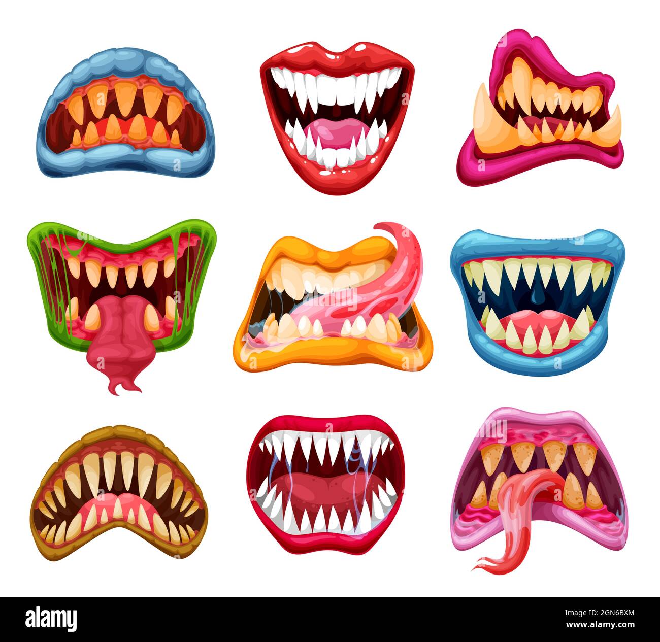 Mandíbulas y bocas de monstruos con dientes y lenguas de dibujos animados.  Vector Halloween monstruo o vampiro sonrisas, bestia alienígena miedo,  demonio de terror, dracula o zombie con espeluznantes fangos, verde limo