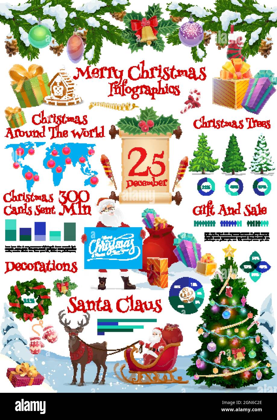 Feliz Navidad día de fiesta infografía plantilla con diagramas, Santa  carácter en trineo lleno de regalos, ornamentos y decoraciones de árboles  de Navidad, regalos envueltos, dulces y mapa del mundo de vectores