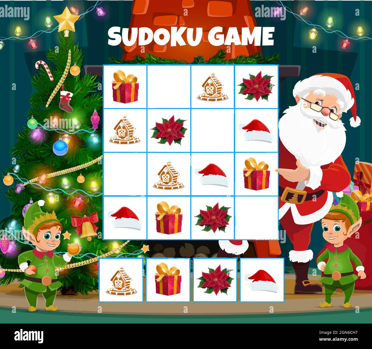 Niños juego de sudoku de Navidad con regalos de vacaciones, sombrero de  Santa y poinsettia, galleta de pan de jengibre. Rompecabezas de lógica  infantil, niños enigma con Santa Claus y elfs personajes,
