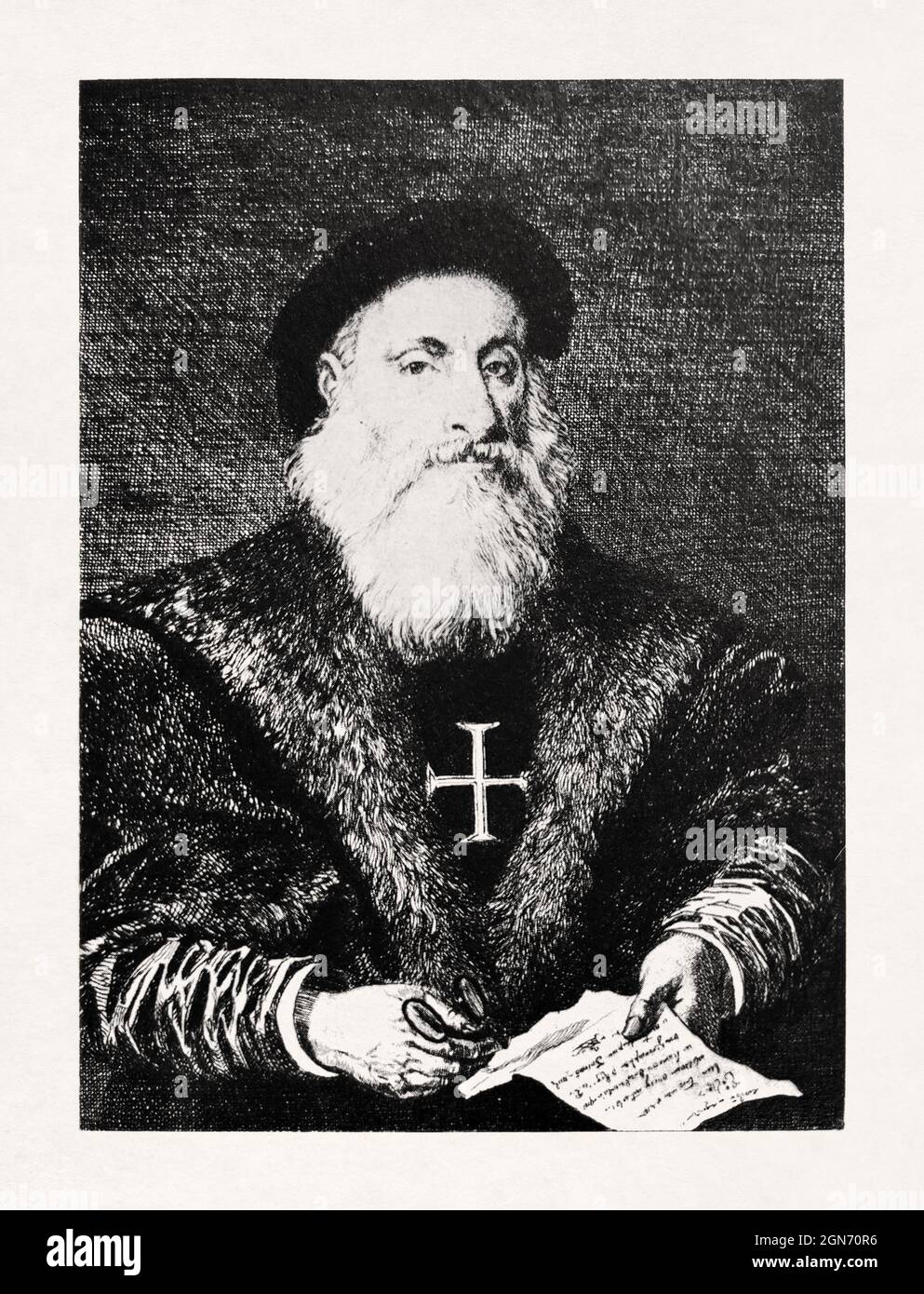 Retrato del explorador portugués Vasco da Gama hecho por un artista desconocido a principios del siglo 16th. Foto de stock
