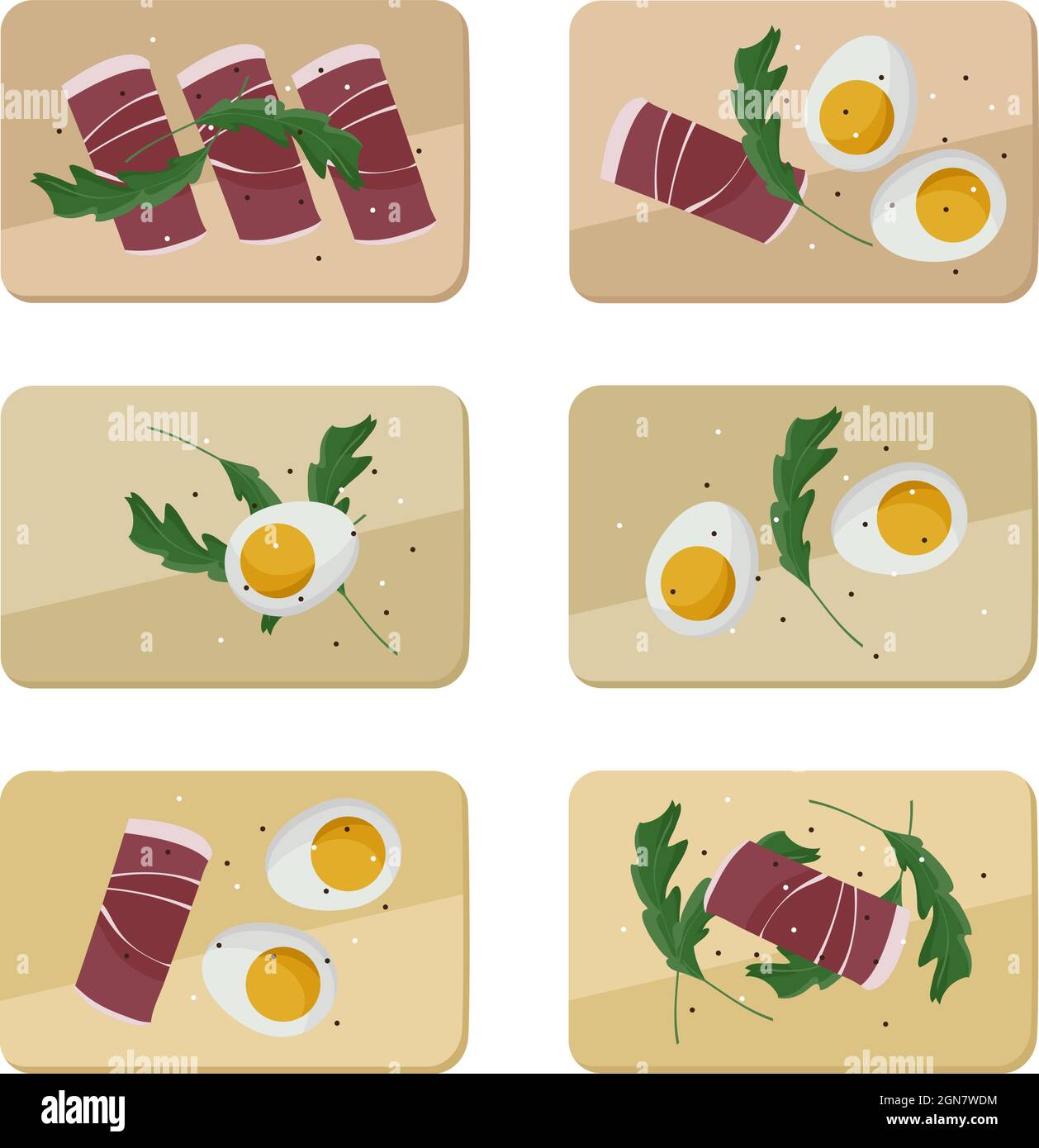 Huevos, prosciutto y rúcula servidos en tablas de madera - ilustración vectorial Ilustración del Vector