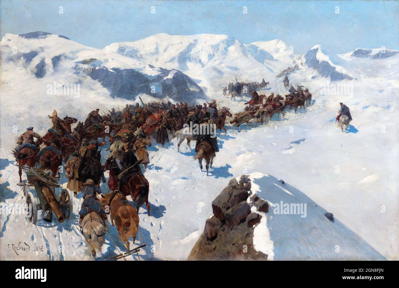 Cruce por el conde Argutinsky a través de las Montañas Nevadas del Cáucaso en 1853 por el artista ruso Franz Roubaud (1856-1928), óleo sobre lienzo, 1892 Foto de stock