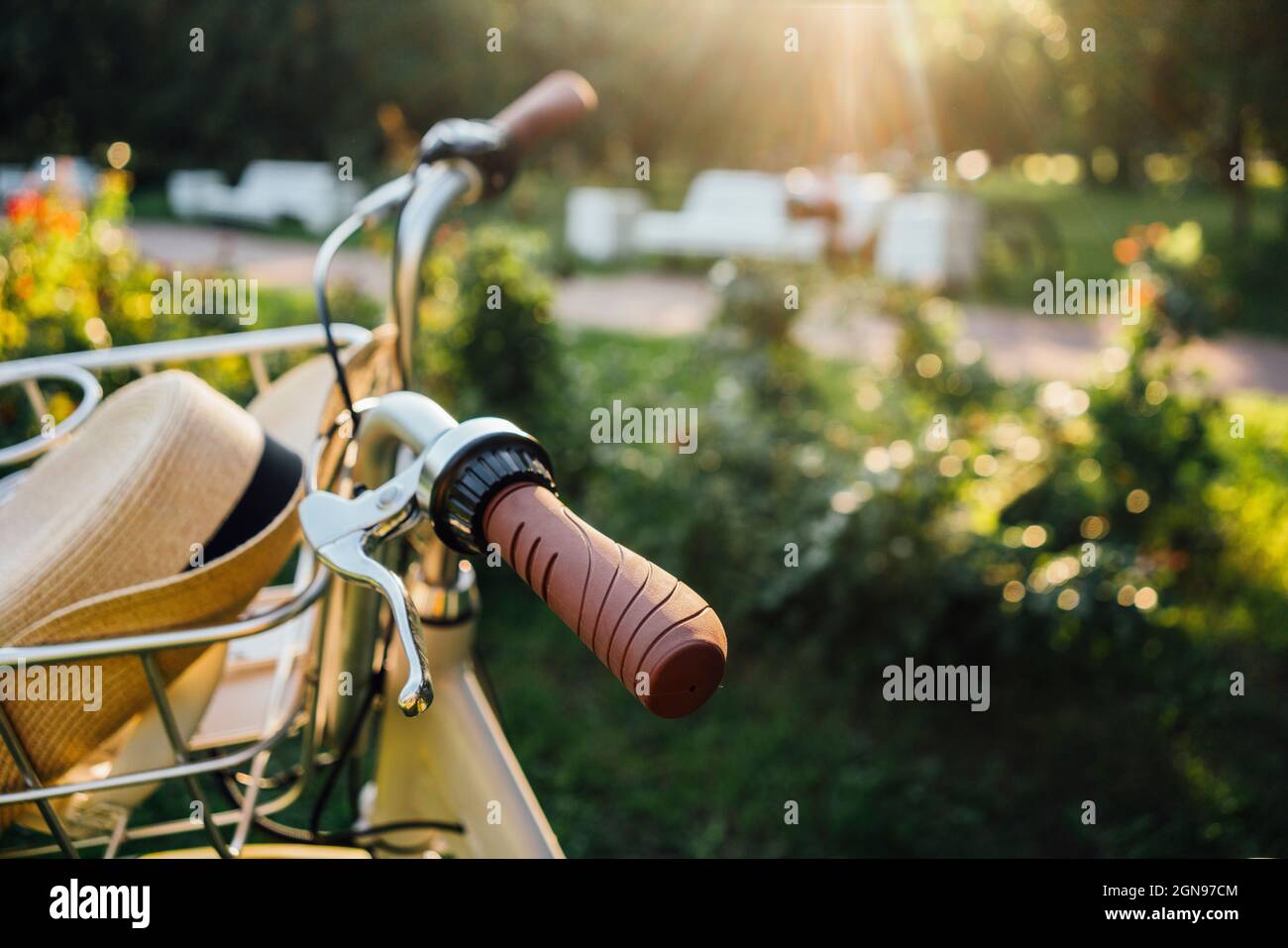 Bicicletas estacionadas en el parque público Foto de stock
