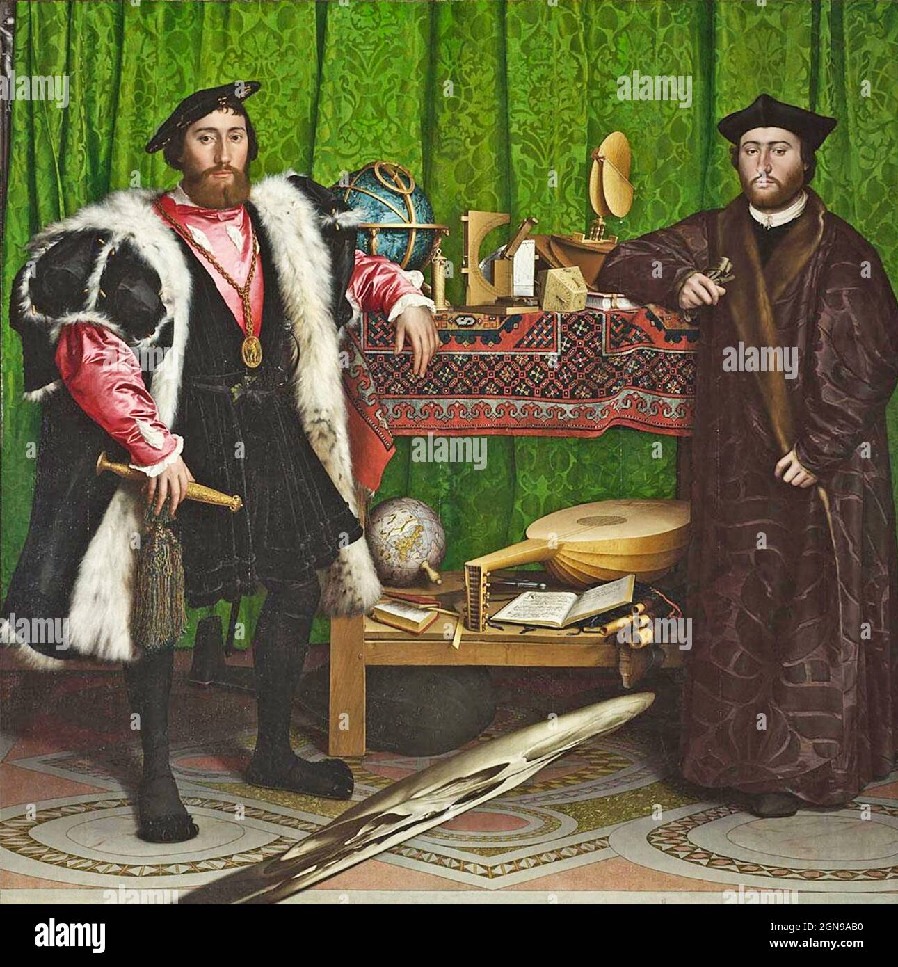 LOS EMBAJADORES pintaron en 1533 por el artista alemán Hans Holbein the Younger (c 1497-1543) y se celebraron en la National Gallery de Londres. Foto de stock