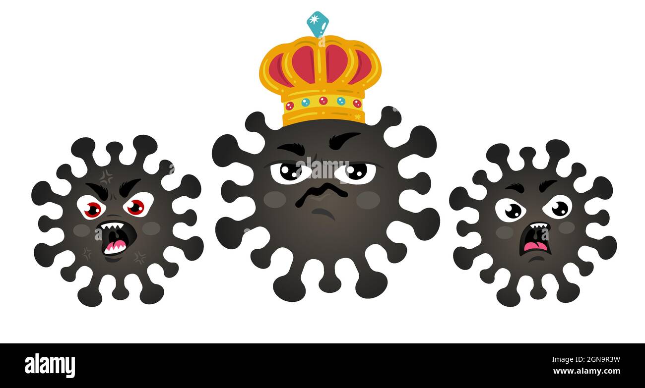 Ilustración vectorial de coronavirus enojados con el rey. Virus enojados con su rey en la corona. Iconos vectoriales del coronavirus. Ilustración del Vector
