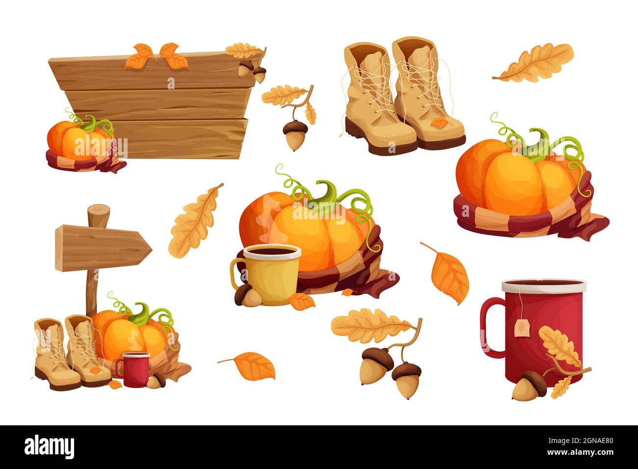 Ponga pegatinas de otoño con una cálida bufanda de calabaza, taza con  bebida caliente decorada con bellota y hojas, botas, letrero de madera,  cosecha de otoño en dibujos animados Imagen Vector de