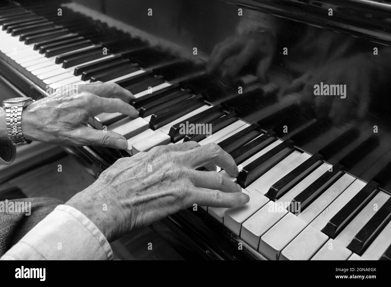 Manos de un viejo músico tocando música en el teclado de un piano de cola, imagen en blanco y negro, concepto de cultura, arte y entretenimiento, espacio de copia Foto de stock