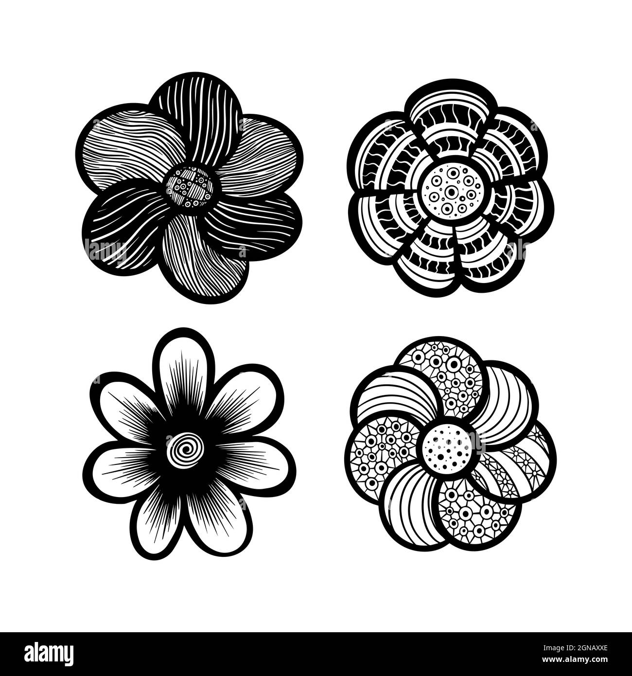 Flores sencillas y bonitas dibujadas a mano con patrones. Colección de  formas en blanco y negro. Ilustración vectorial Imagen Vector de stock -  Alamy