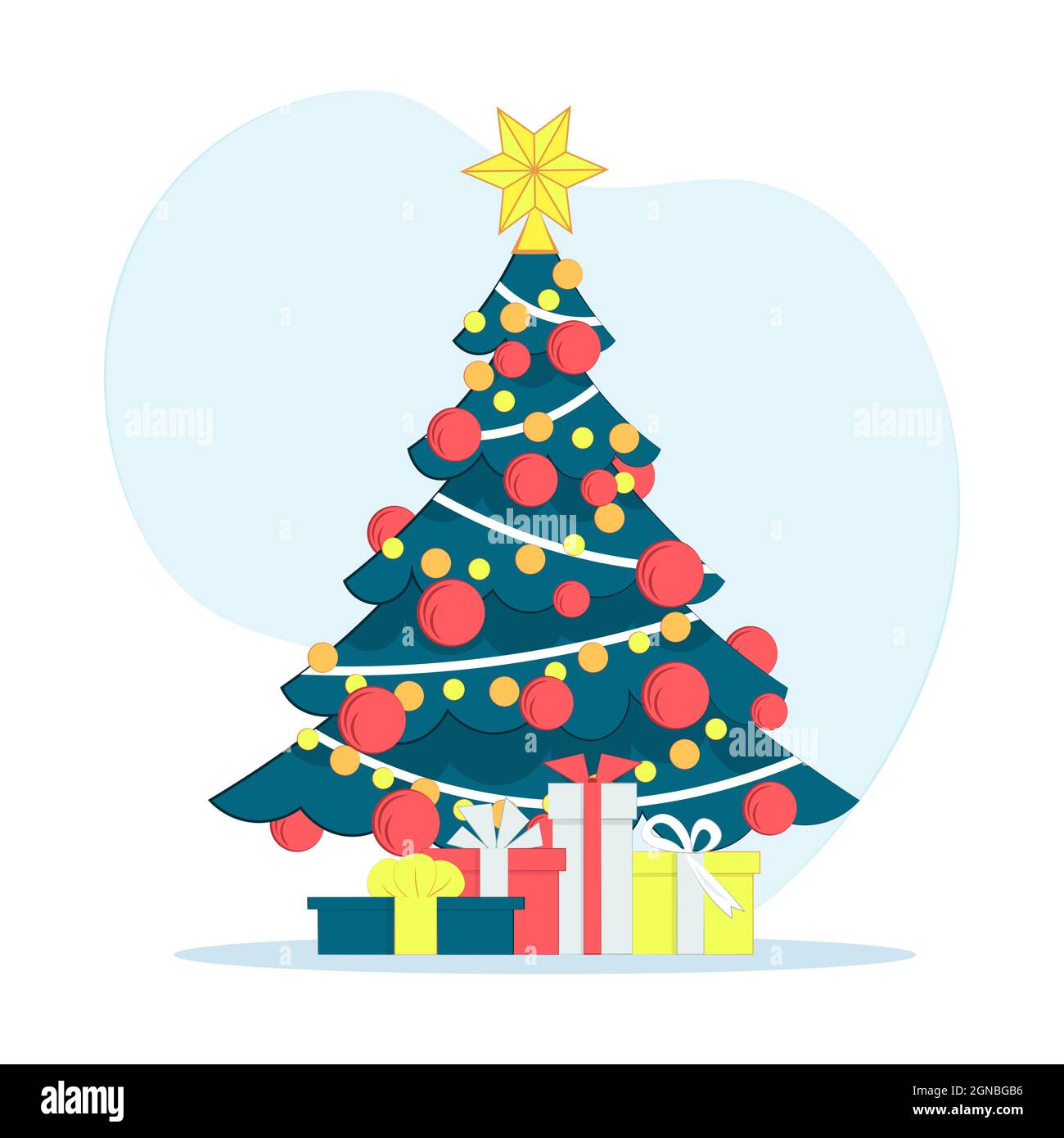 Árbol de Navidad con cajas de regalo aisladas sobre fondo blanco.  Ilustración vectorial en un estilo plano. Estrella, bolas de Navidad,  bombillas en el árbol. Nuevo Imagen Vector de stock - Alamy