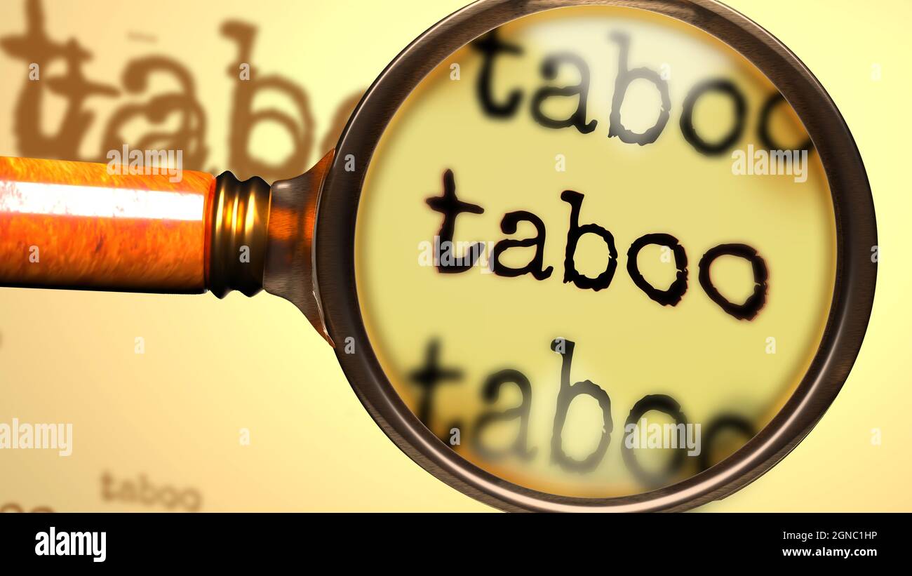 Tabú - concepto abstracto y una lupa ampliando la palabra en inglés Taboo para simbolizar el estudio, el examen o la búsqueda de una explicación y answ Foto de stock