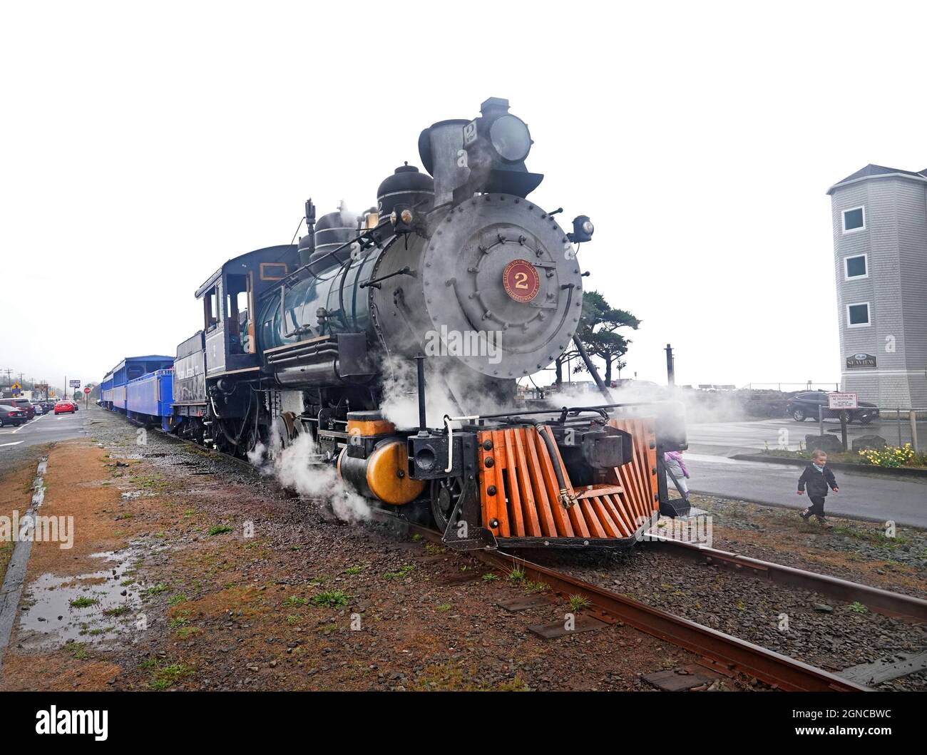 Un motor de vapor histórico perteneciente a la costa de Oregon Scenic Railroads en Garibaldi, Oregon. El tren opera entre Garibaldi y Rockaway Beach, Oregon. Foto de stock