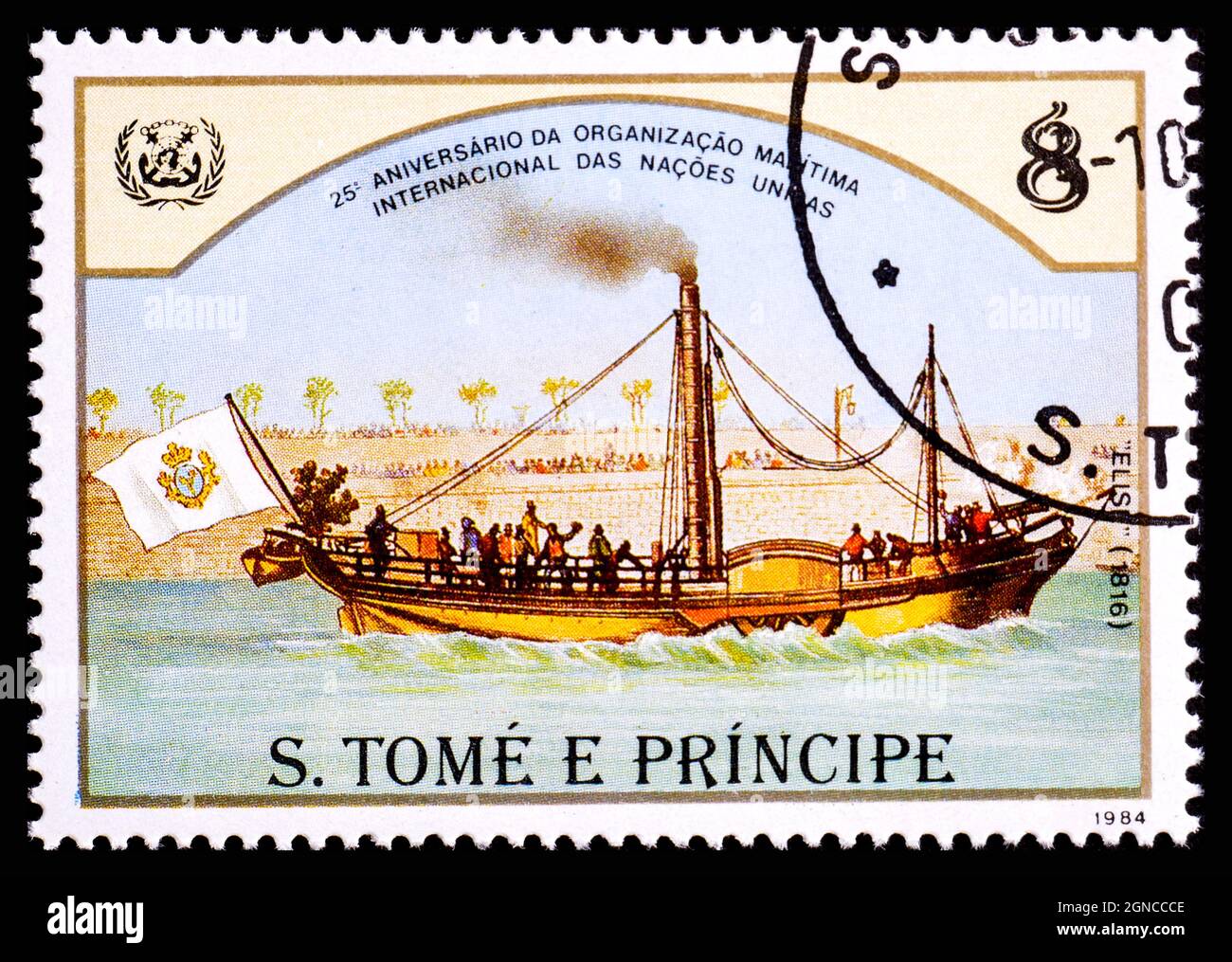 ST. ISLAS THOMAS Y PRINCE - CIRCA 1984: Un sello impreso en las Islas Santo Tomás y Príncipe muestra el buque de vapor Elise, la serie está dedicada a la historia Foto de stock
