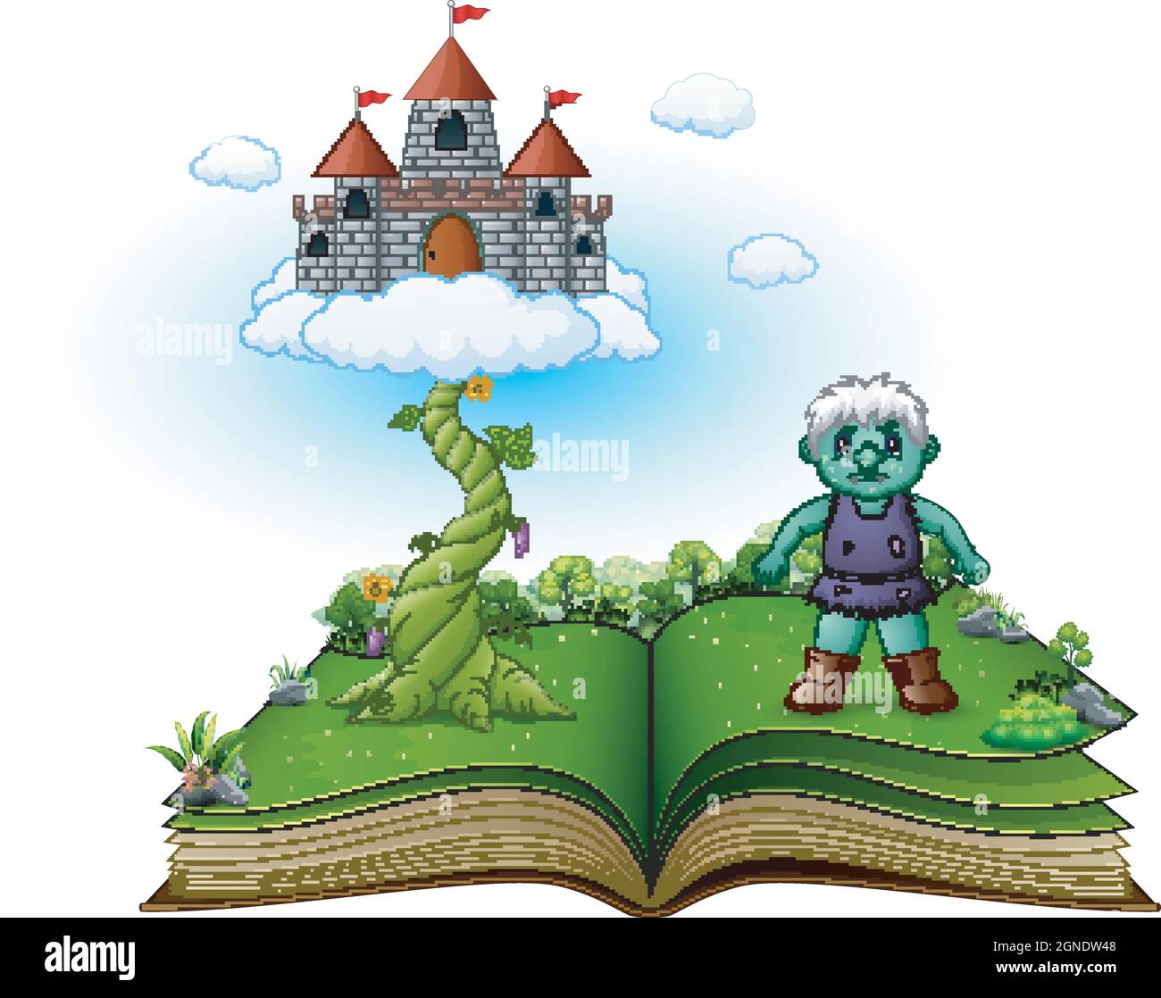 Libro de cuentos con la magia beanstalk, el castillo en las nubes y el  gigante verde Imagen Vector de stock - Alamy