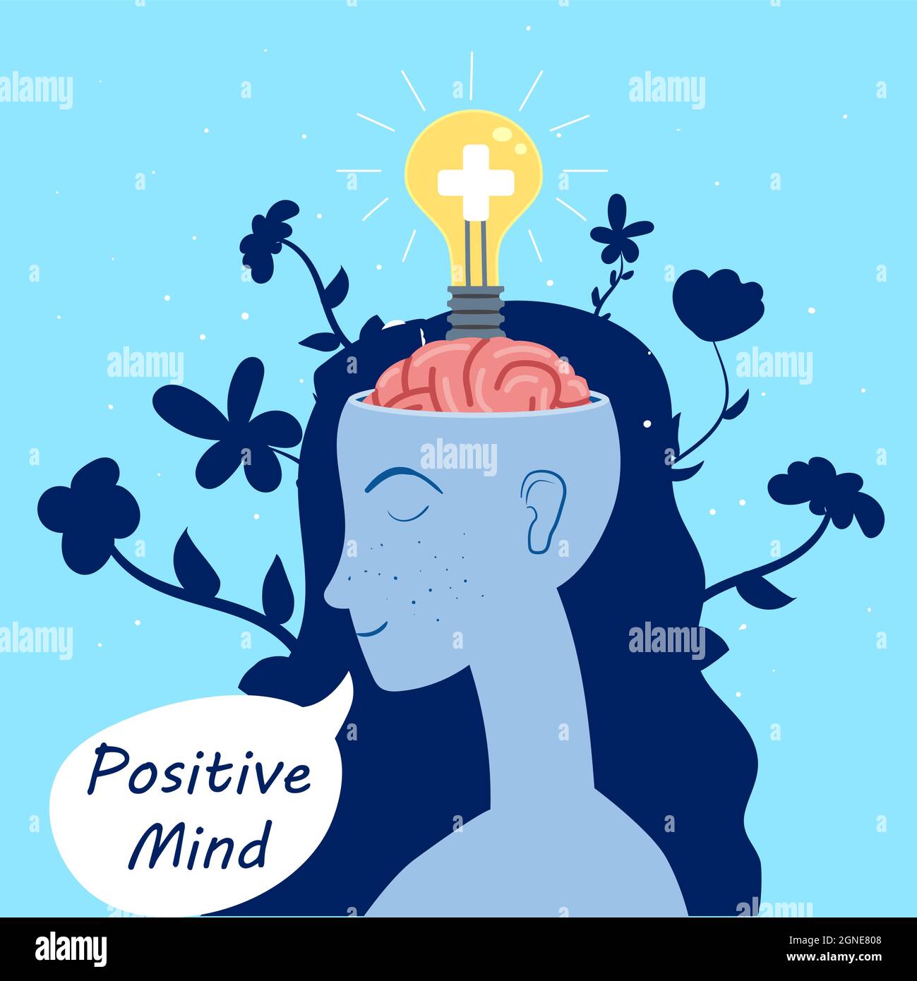 Mente Positiva Chica con un cerebro abierto abre idea, bulbo, una solución a un problema, bienestar de la mente, relajarse. Pensamiento positivo, proceso ideathought creativo Ilustración del Vector