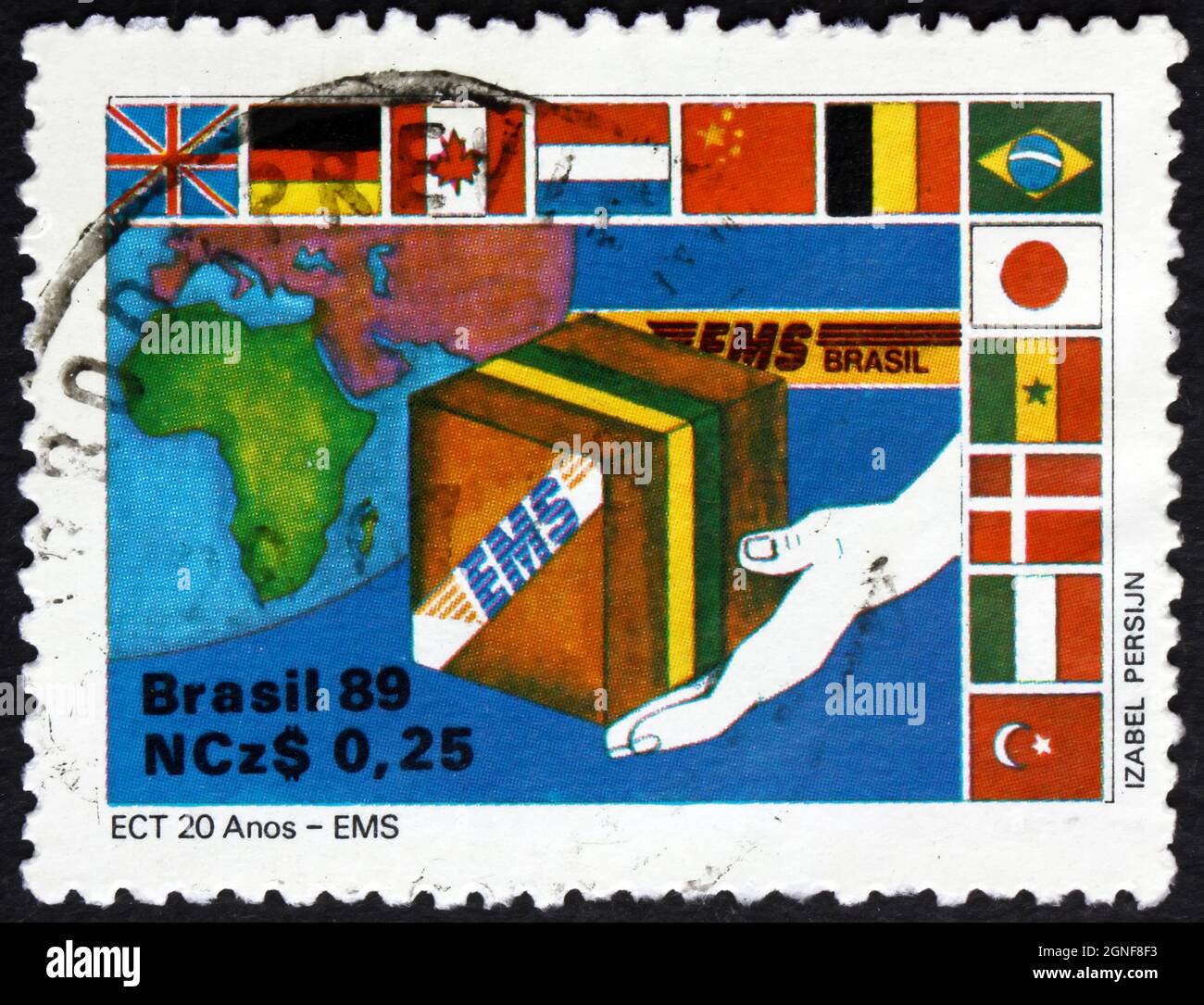 BRASIL - ALREDEDOR de 1989: Un sello impreso en Brasil muestra Express Mail, EMS, Brazilian Post and Telegraph Enterprise, 20th Aniversario, alrededor de 1989 Foto de stock