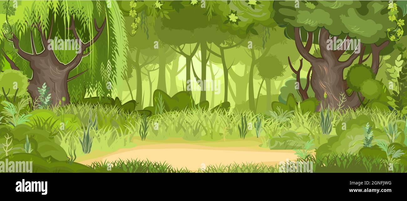 Glade en el bosque verde de verano. Sauces y robles en la hierba. Estilo de dibujos animados planos. Paisaje rural con densos matorrales. Vector de ilustración Ilustración del Vector